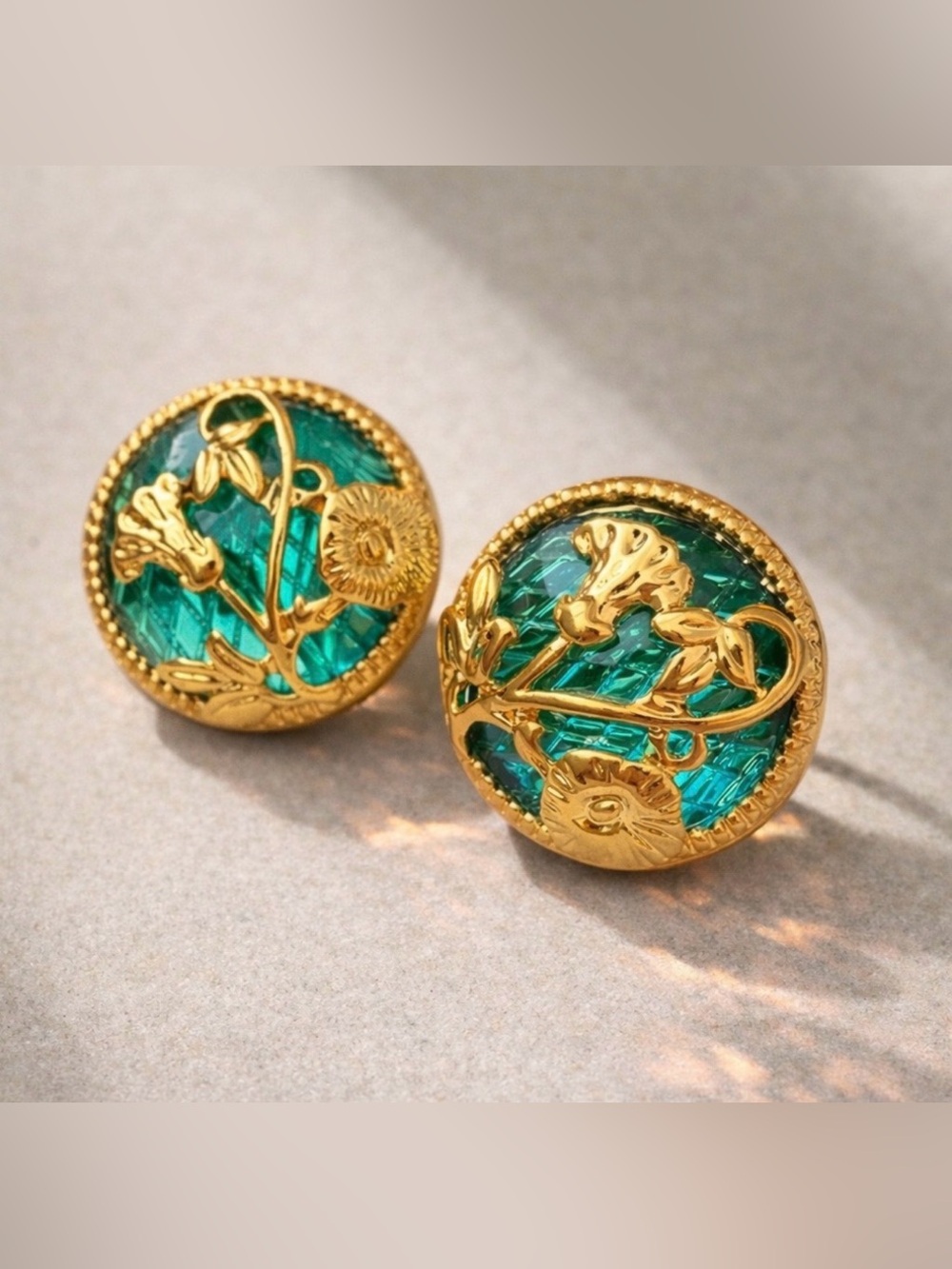 Emerald Green Round Earrings with Gold Floral Design